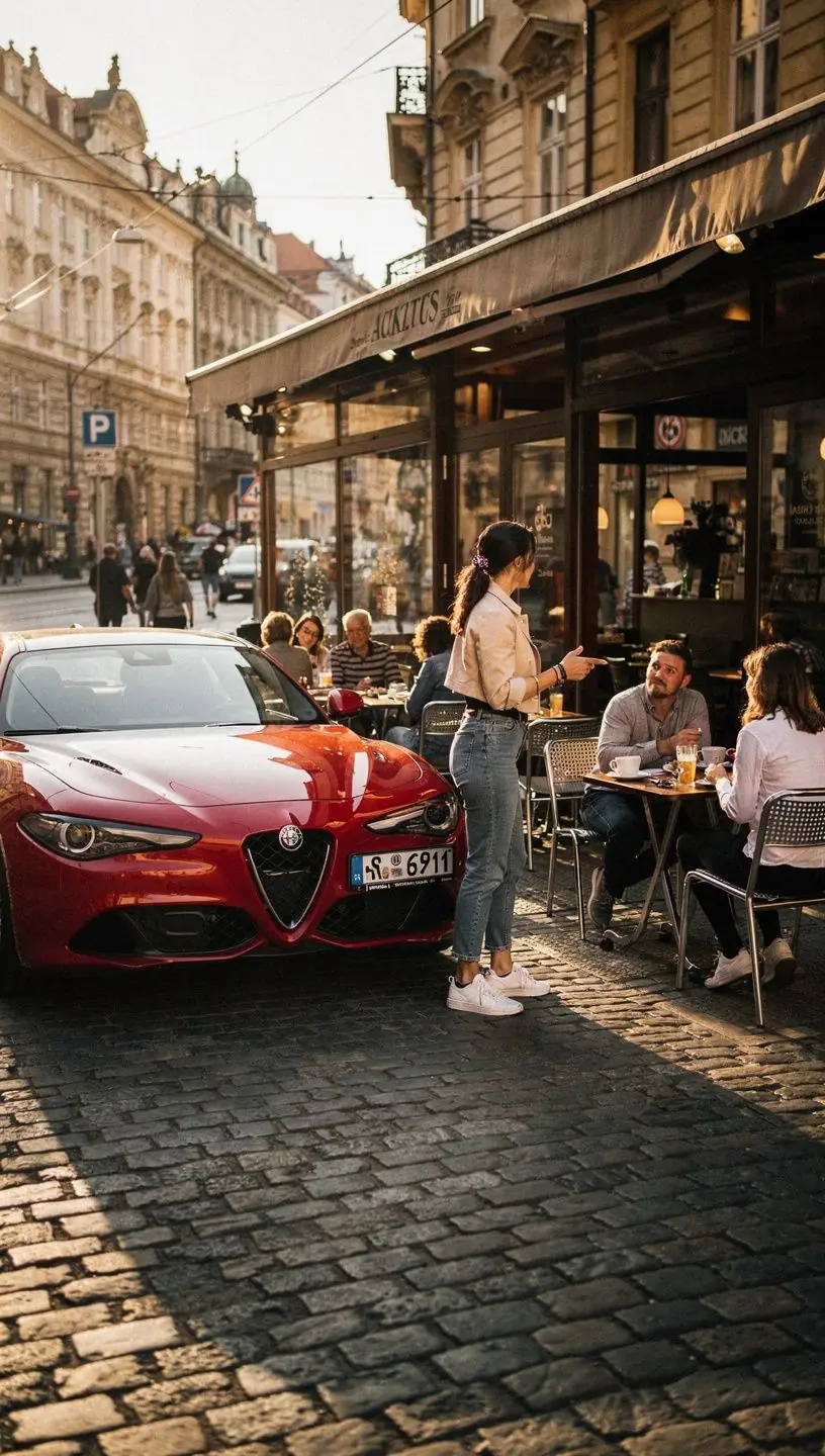 Pohled na elegantní vůz s modrým lakem stojící u řeky Vltavy.