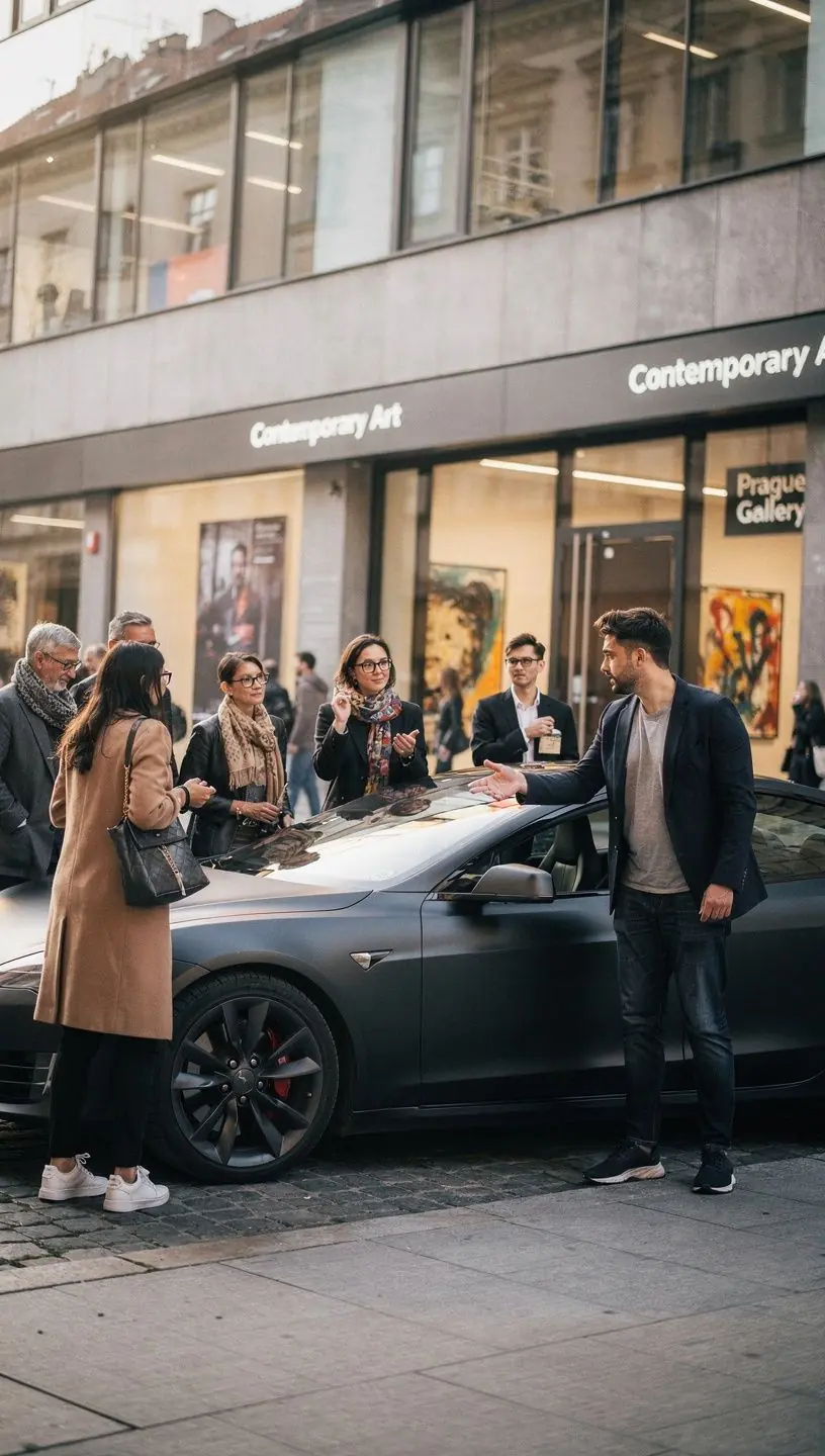 Exotické auto s otevřenou střechou na pozadí historického města.